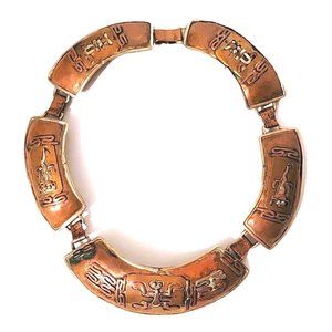 1960s-70s Brutalist Aztec Necklace Mixed Metal Collar Copper Brass Nickel Silver